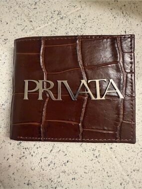 Privata Brown Croc-Embossed Leather Bi-Fold Wallet with box and bag